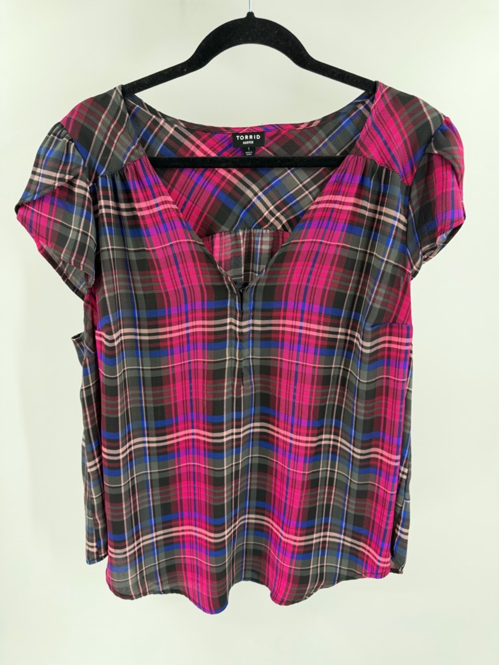 Harper Georgette Hook & Eye Blouse Plaid Pink Blue‎ Size 1X